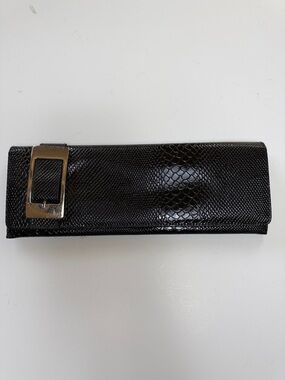 Big Buddha Black Faux-Snake Skin Clutch with Silver Buckle